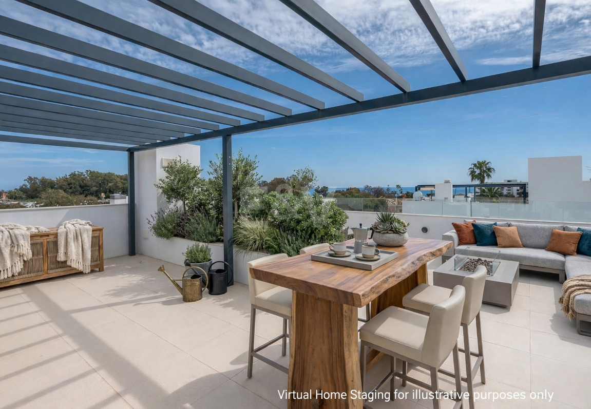 Samtida Beachside Villa med uppvärmd pool och fantastisk tak Terrace