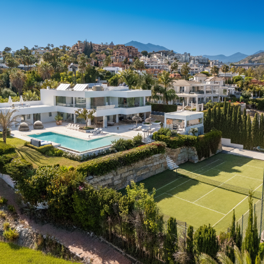 Exceptionell modern villa i gated, ultraprestigefyllda La Cerquillawith Sea Views och Private Tennis Court