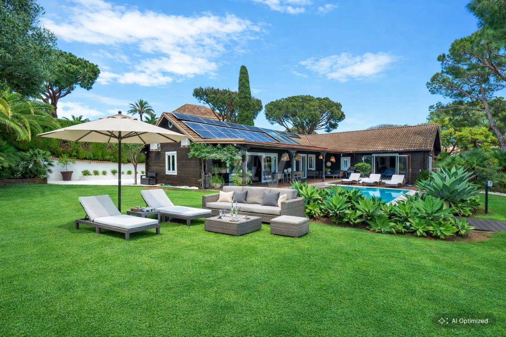Villa privada de madera con energía solar en Elviria: jardín plano, piscina y despacho
