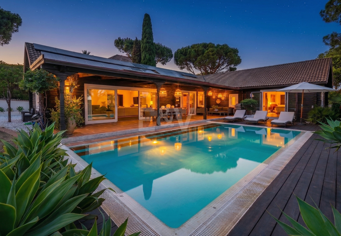 Villa privada de madera con energía solar en Elviria: jardín plano, piscina y despacho