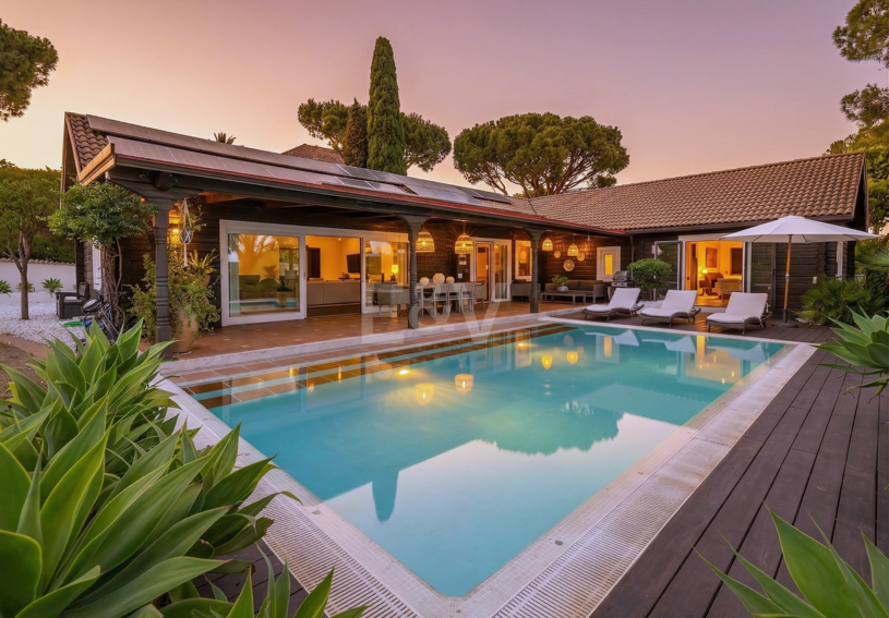 Villa privada de madera con energía solar en Elviria: jardín plano, piscina y despacho