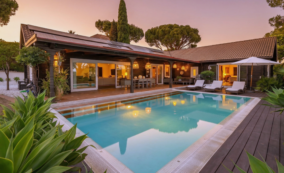 Privat Solar-Powered Wooden Villa i Elviria - Platt trädgård, Pool & Office Suite