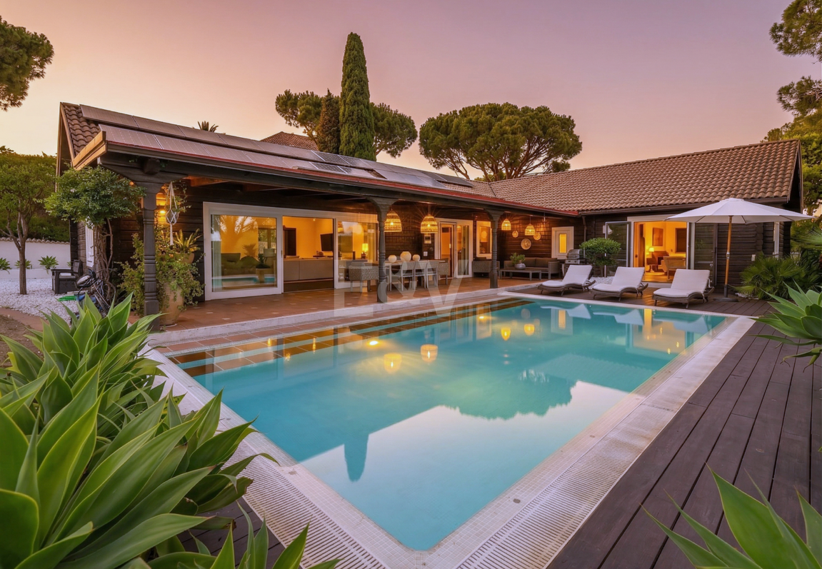 Villa privada de madera con energía solar en Elviria: jardín plano, piscina y despacho