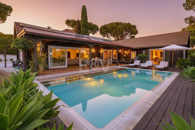 Villa privada de madera con energía solar en Elviria: jardín plano, piscina y despacho