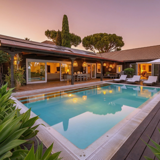 Villa privada de madera con energía solar en Elviria: jardín plano, piscina y despacho