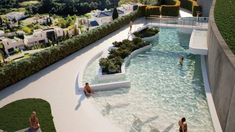 Moderne Luxus-Gartenwohnung mit Panoramablick auf das Meer in einer geschlossenen Wohnanlage