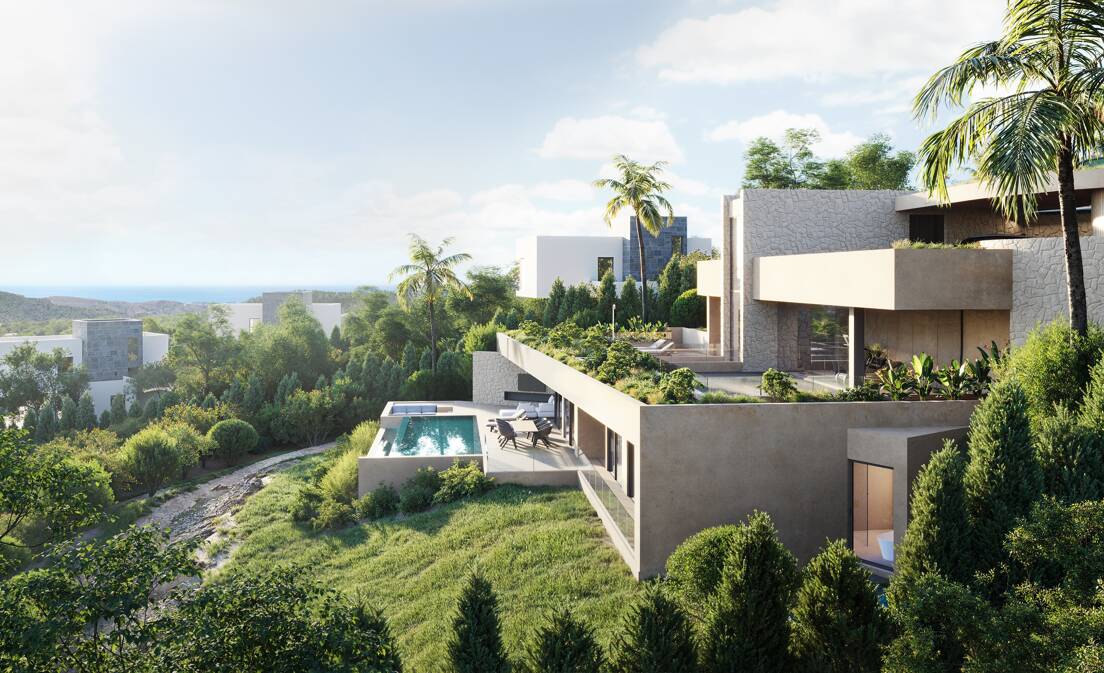 Samtida 3-nivå villa i en naturlig miljö i bergen i Montemayor