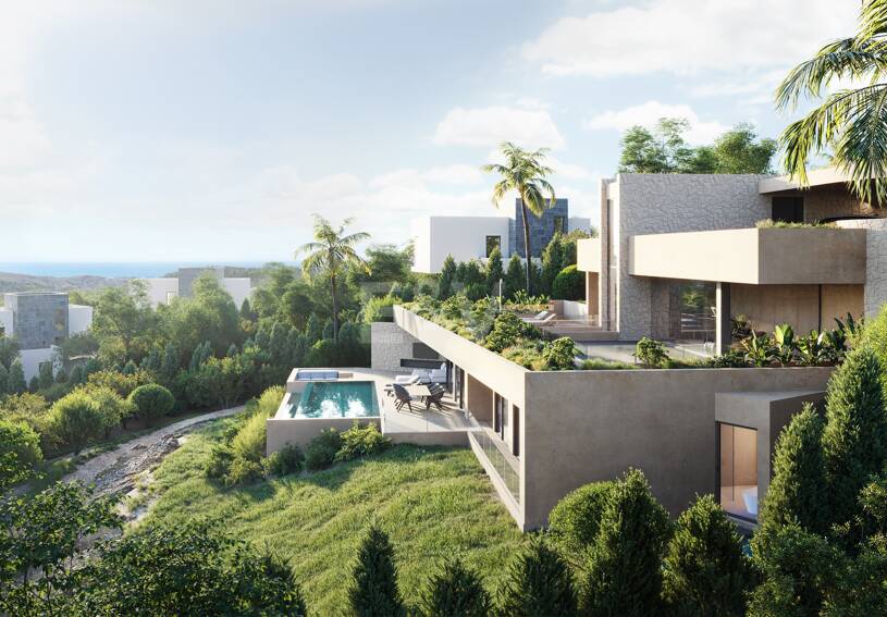 Samtida 3-nivå villa i en naturlig miljö i bergen i Montemayor