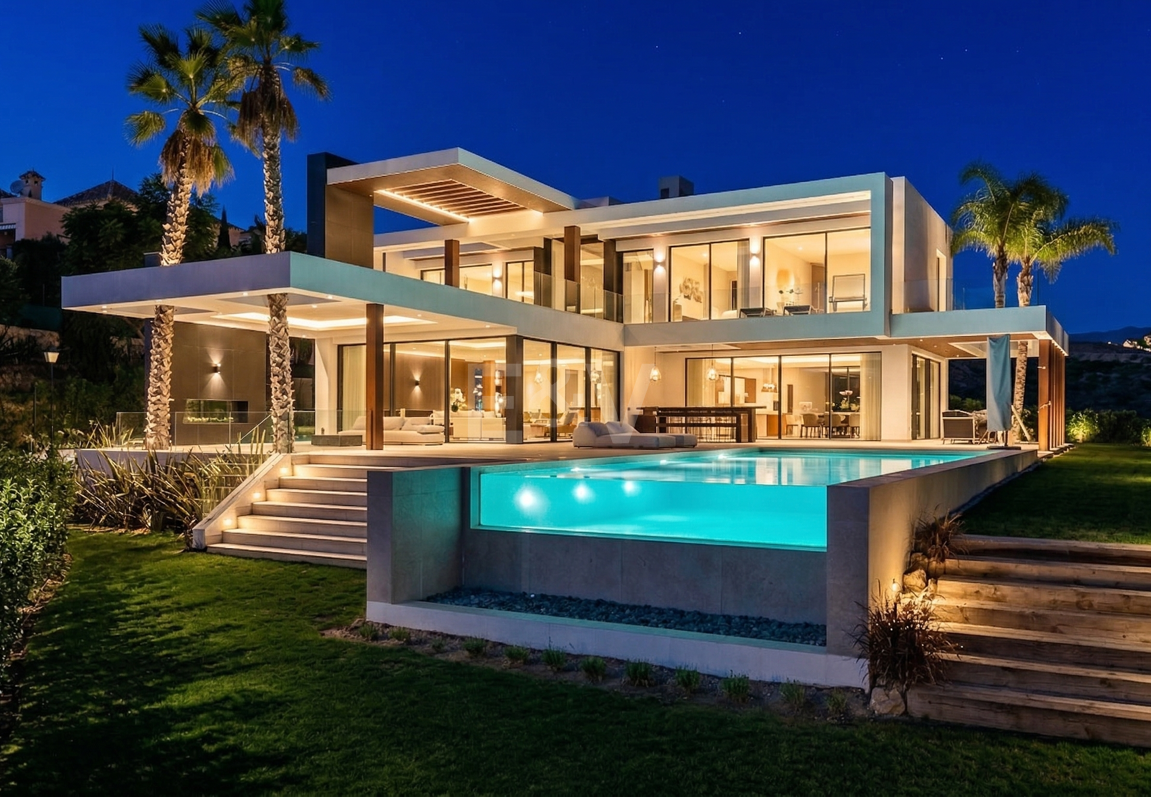 Lyxvilla med oändlighet pool och panoramautsikt över havet i Los Flamingos