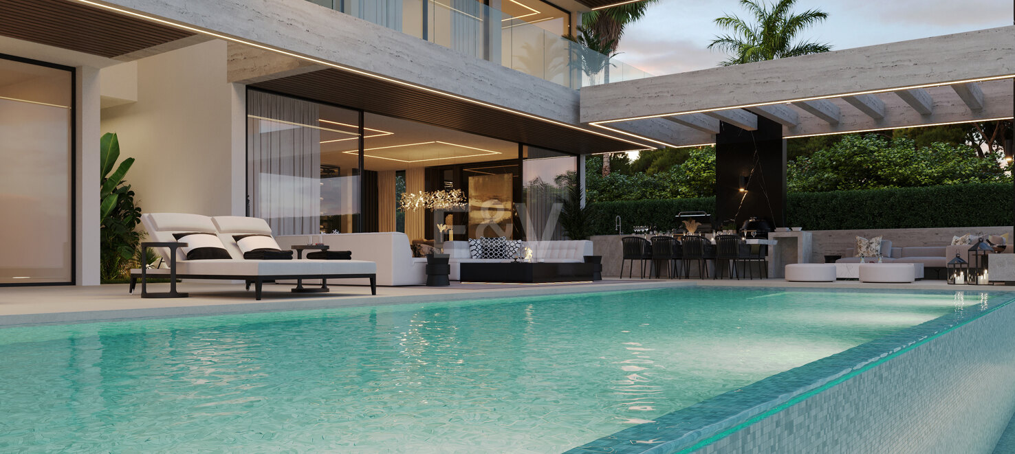 Grundstück mit elegantem, modernem Villenprojekt und Baugenehmigung in fußläufiger Entfernung zum Strand