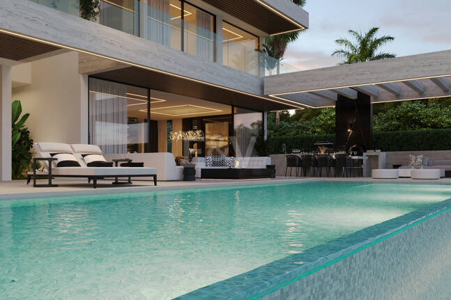 Grundstück mit elegantem, modernem Villenprojekt und Baugenehmigung in fußläufiger Entfernung zum Strand