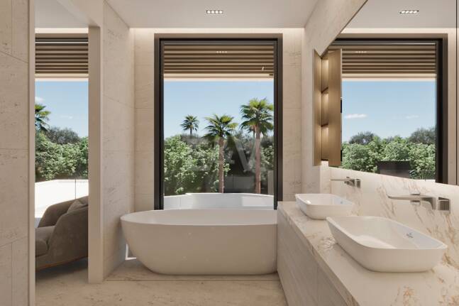 Grundstück mit elegantem, modernem Villenprojekt und Baugenehmigung in fußläufiger Entfernung zum Strand