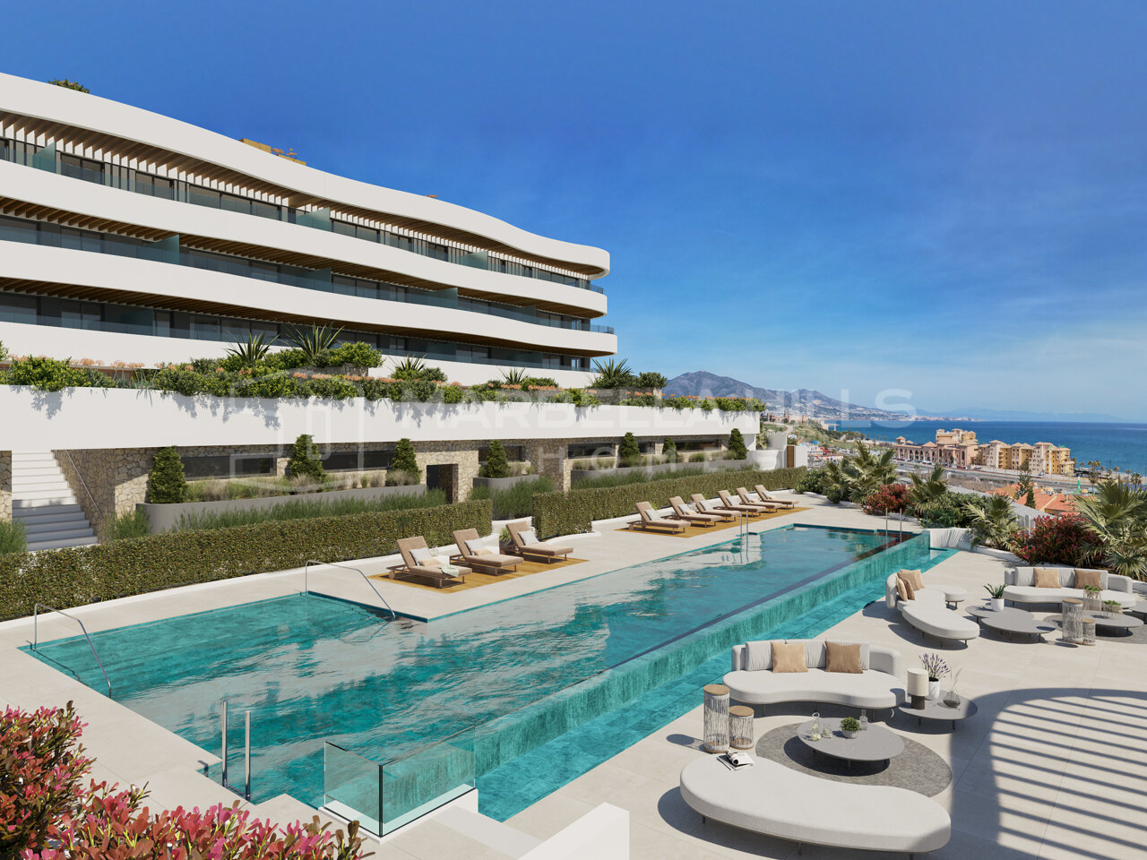 Nueva promoción exclusiva y vanguardista de apartamentos de 2 dormitorios con vistas al mar en Mijas Costa