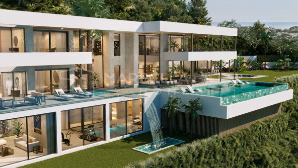 Villa de lujo en venta en El Madroñal, Benahavís con vistas panorámicas al mar, spa, cine y piscina infinity