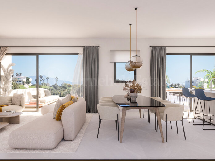 Nueva adosada de 3 dormitorios en Estepona Golf con jardín privado, amplias terrazas y solárium en la azotea en un exclusivo residencial cerrado.