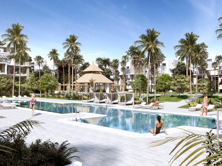 Nuevo proyecto de exclusivos apartamentos y áticos a 500 m de la playa en la Nueva Milla de Oro, Estepona.