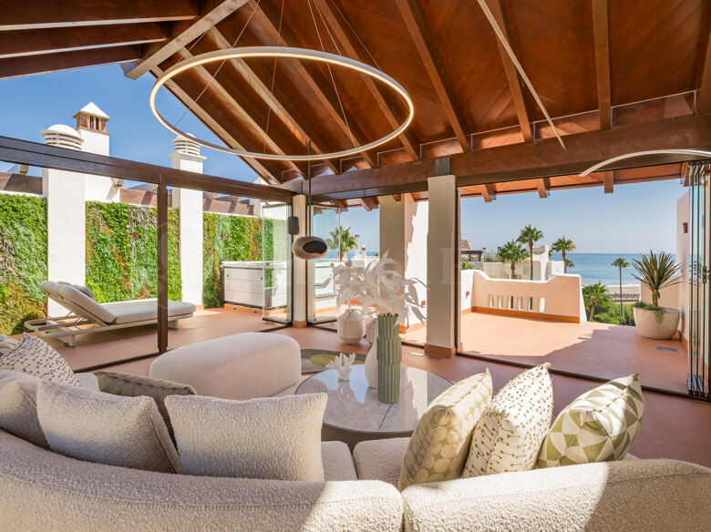 Estepona, duplex penthouse, beachfront, sea views, 3 bedrooms, New golden Mile, pool, garden