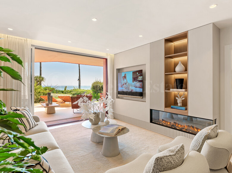 Ground floor apartment, Estepona, New Golden Mile, 3 bedrooms, sea views, beachfront, first line, pool, garden