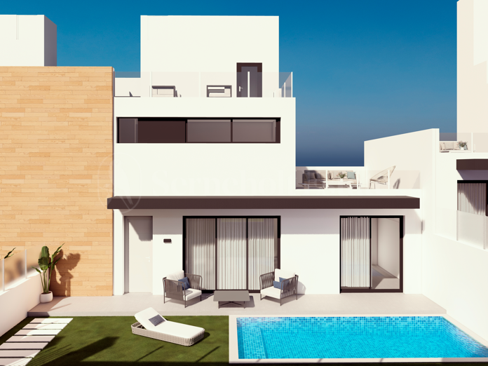 Villa nueva con solarium, piscina y césped natural con riego automático en el jardín