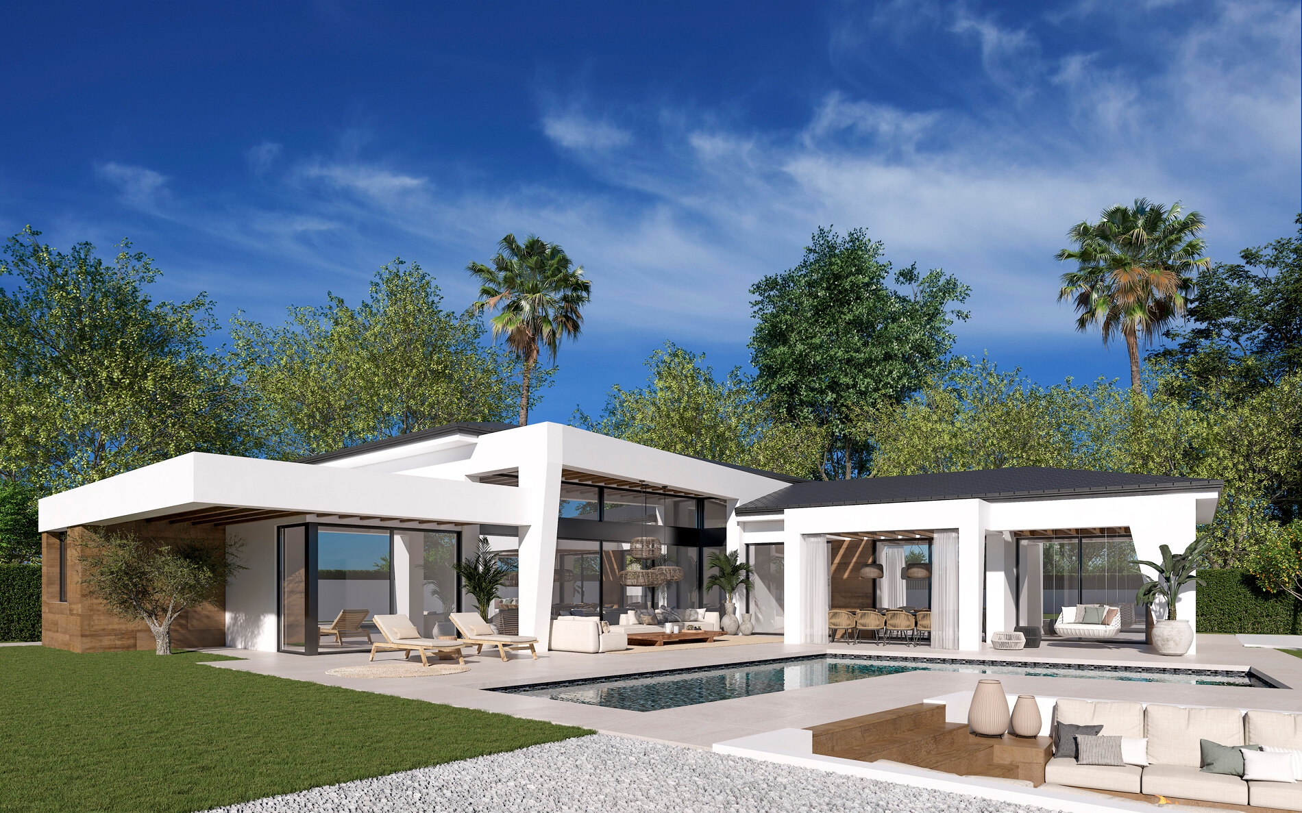 Three unique villas built on one level