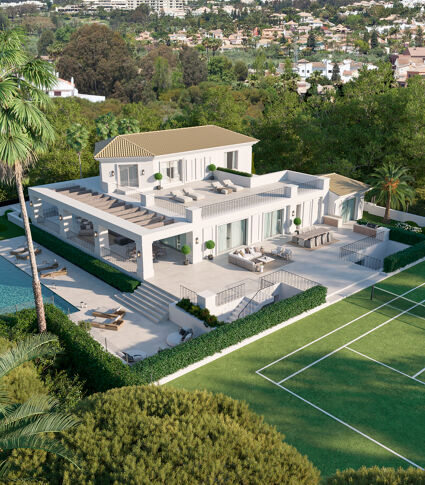 Brand-new elegant modern luxury villa with sea views and tennis court on Marbella’s Golden Mile