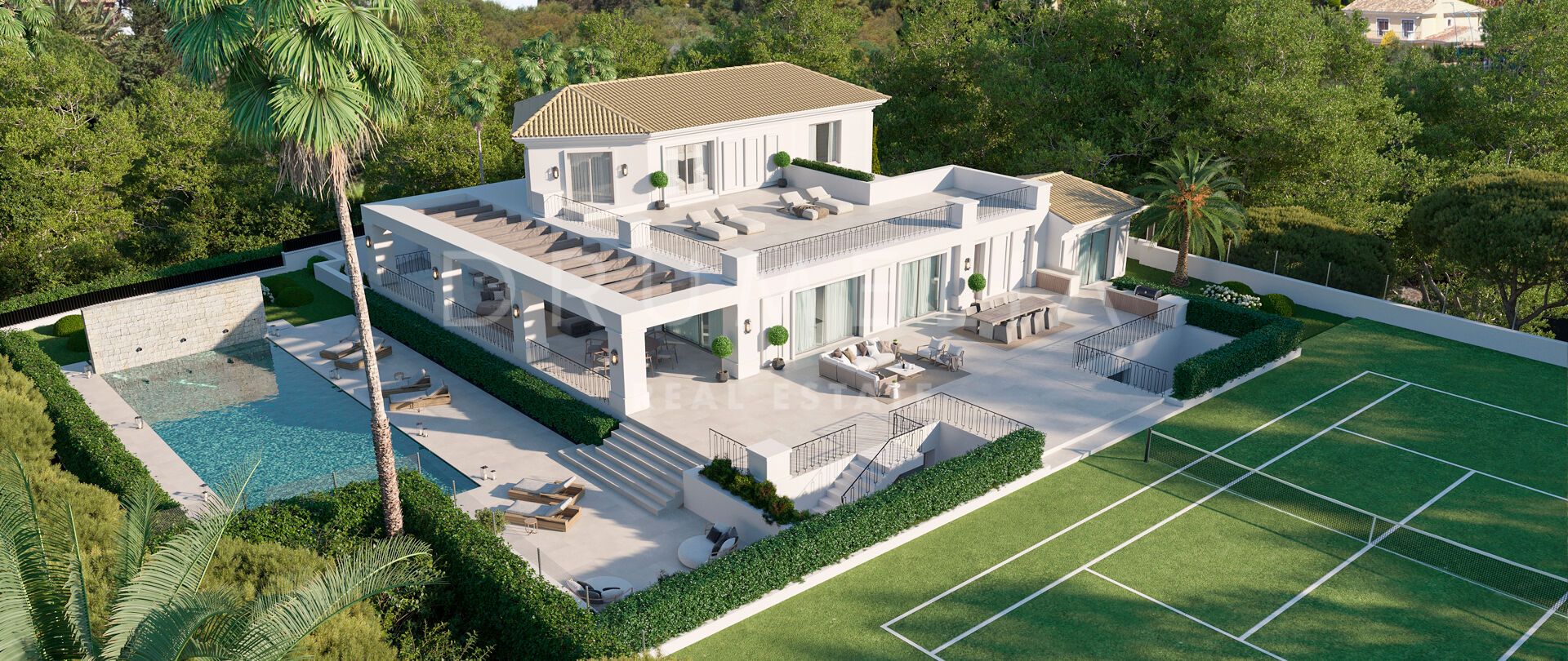 Brand-new elegant modern luxury villa with sea views and tennis court on Marbella’s Golden Mile