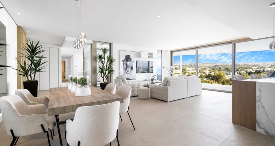 Новая современная элитная квартира с панорамой на море в культовом комплексе The View, Бенахавис