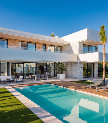 Chique luxe villa in moderne stijl in Marbella Oost, op een steenworp afstand van zandstranden en de haven van Cabopino