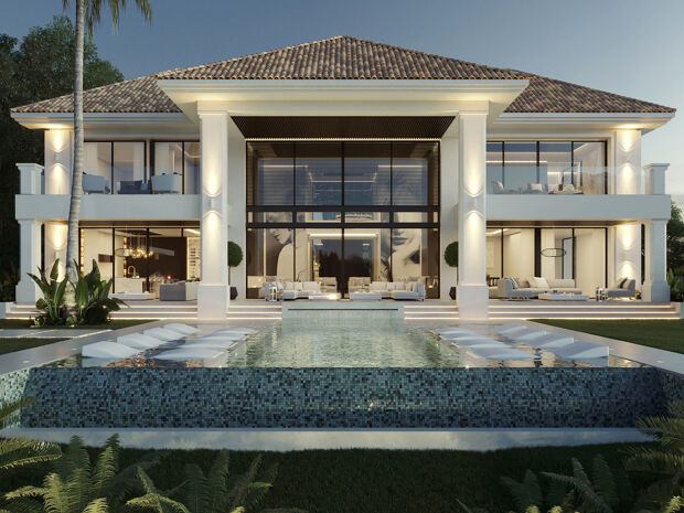 Новая элитная современная средиземноморская вилла с панорамой на море в El Madroñal, Бенахавис.