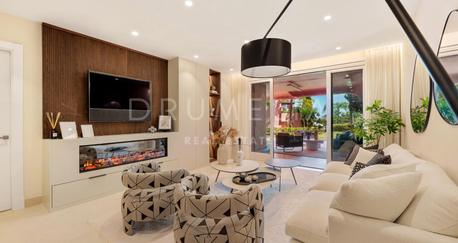 Gerenoveerd appartement aan het strand in Torre Bermeja met uitzicht op de tuin, terras en hoogwaardige voorzieningen.