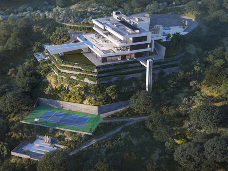 The Net – En sydostvänd tomt med projekt i La Zagaleta med panoramautsikt över hav och berg.