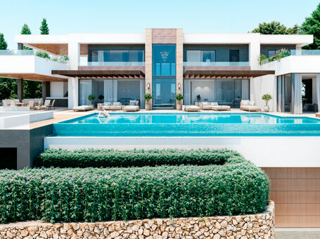 Moderne seks soverom villa under bygging med hav- og fjellutsikt, privat basseng og omfattende fritidsområder i Nueva Andalucía, Marbella