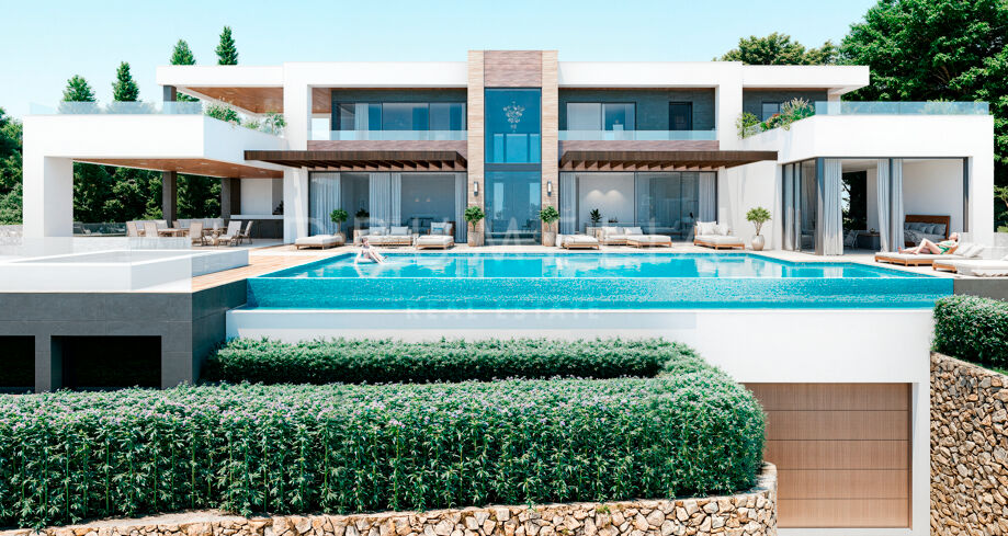 Contemporary six-bedroom villa under construction with sea and mountain views, private pool, and extensive leisure areas in Nueva Andalucía, Marbella