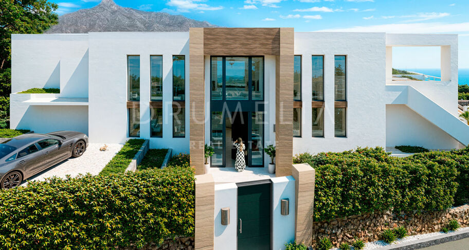 Contemporary six-bedroom villa under construction with sea and mountain views, private pool, and extensive leisure areas in Nueva Andalucía, Marbella
