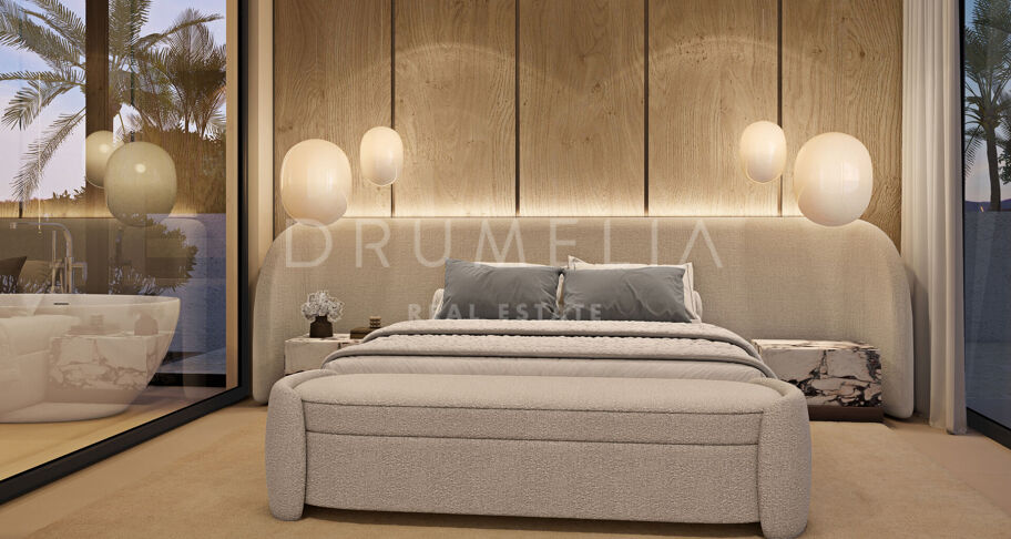 Contemporary six-bedroom villa under construction with sea and mountain views, private pool, and extensive leisure areas in Nueva Andalucía, Marbella