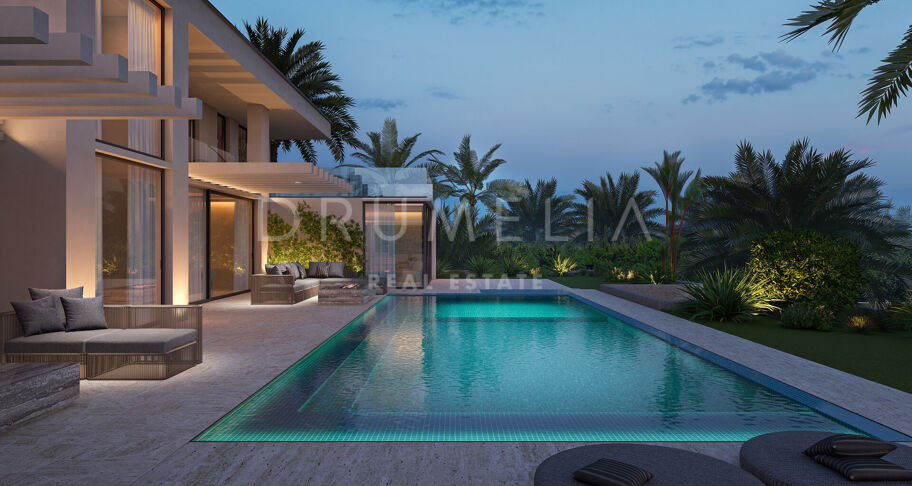 Contemporary six-bedroom villa under construction with sea and mountain views, private pool, and extensive leisure areas in Nueva Andalucía, Marbella