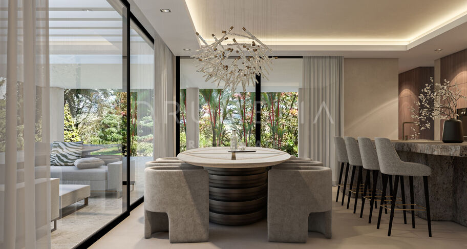 Contemporary six-bedroom villa under construction with sea and mountain views, private pool, and extensive leisure areas in Nueva Andalucía, Marbella