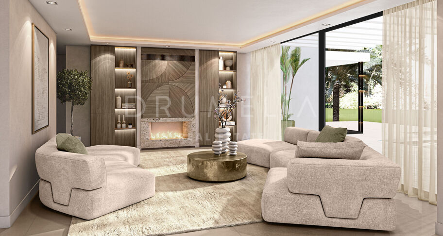 Contemporary six-bedroom villa under construction with sea and mountain views, private pool, and extensive leisure areas in Nueva Andalucía, Marbella