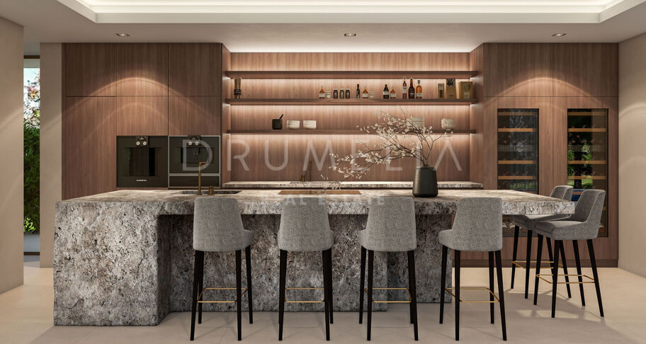 Contemporary six-bedroom villa under construction with sea and mountain views, private pool, and extensive leisure areas in Nueva Andalucía, Marbella