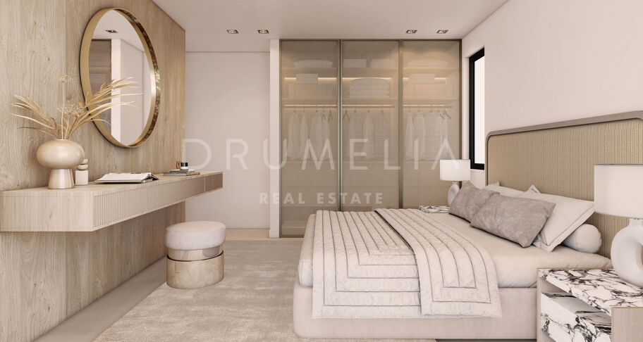 Contemporary six-bedroom villa under construction with sea and mountain views, private pool, and extensive leisure areas in Nueva Andalucía, Marbella