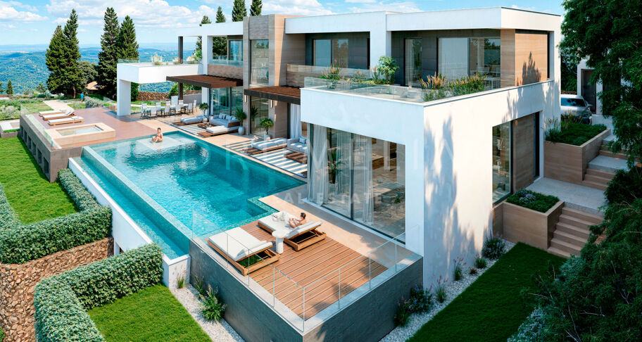 Contemporary six-bedroom villa under construction with sea and mountain views, private pool, and extensive leisure areas in Nueva Andalucía, Marbella