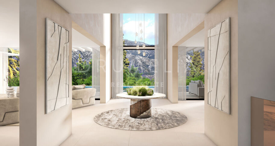 Contemporary six-bedroom villa under construction with sea and mountain views, private pool, and extensive leisure areas in Nueva Andalucía, Marbella