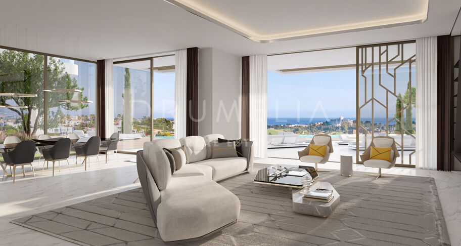 Prachtige gloednieuwe moderne villa met panoramisch uitzicht op zee in La Alqueria, Benahavís