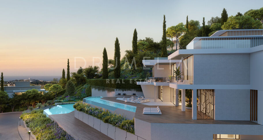 Prachtige gloednieuwe moderne villa met panoramisch uitzicht op zee in La Alqueria, Benahavís