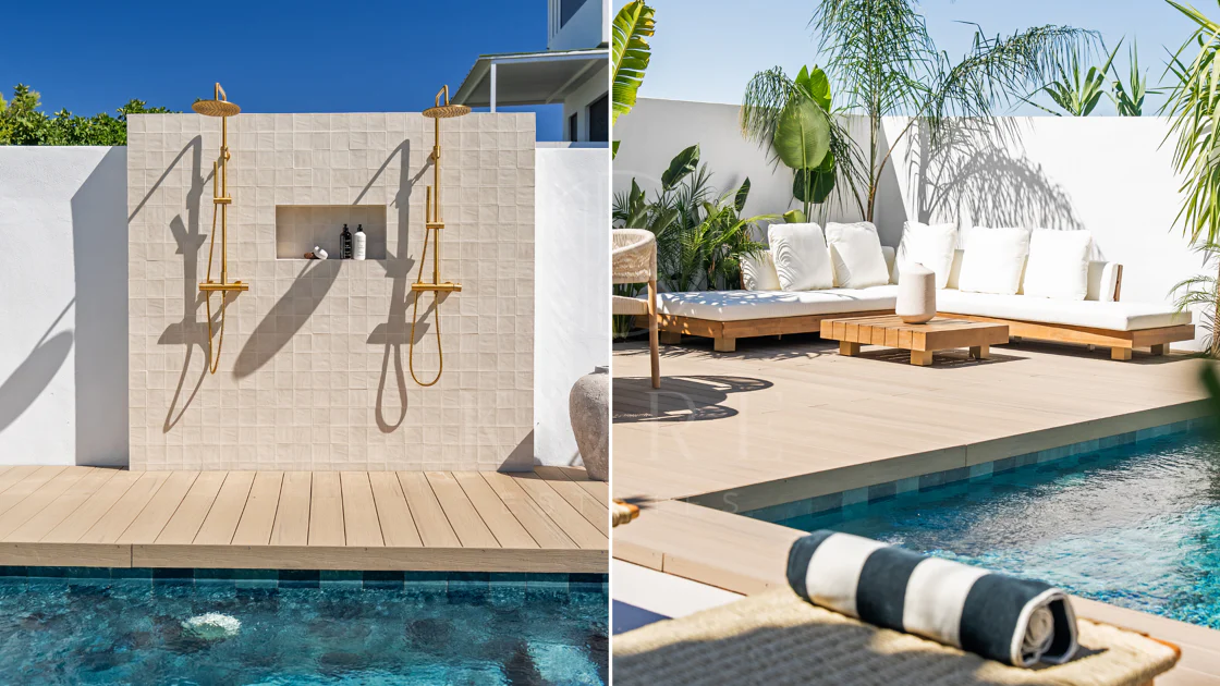 Bine ați venit în această casă fermecătoare cu spațiu de locuit exterior privat și piscină, cu un design minimalist și elegant inspirat din sudul Italiei.