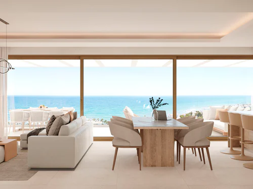 Ático de obra nueva en Cala de Mijas con 2 dormitorios, 2 baños, 114 m² de terraza, vistas al mar y garaje privado.