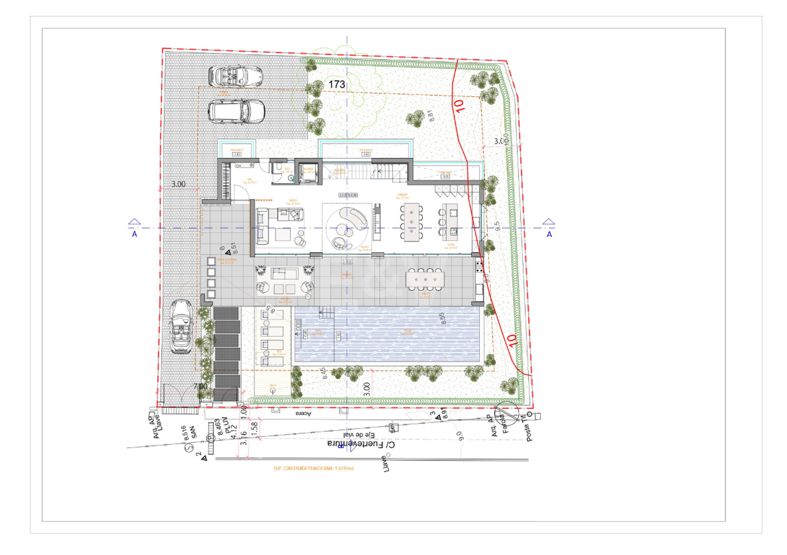 Grundstück, Projekt & Baugenehmigung für den Bau einer modernen Villa am Strand