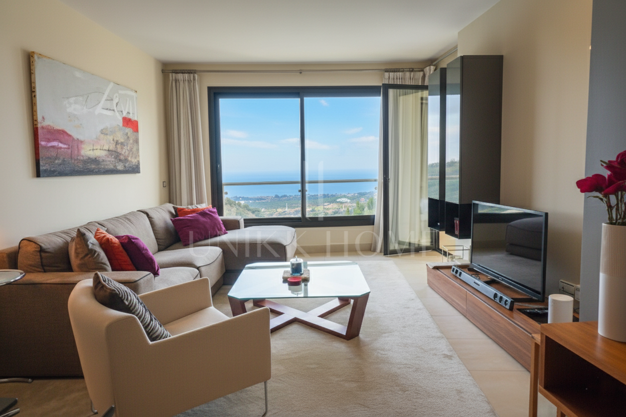 Elegante y moderno apartamento de dos dormitorios en el exclusivo Samara Resort en Marbella con impresionantes vistas panorámicas al mar