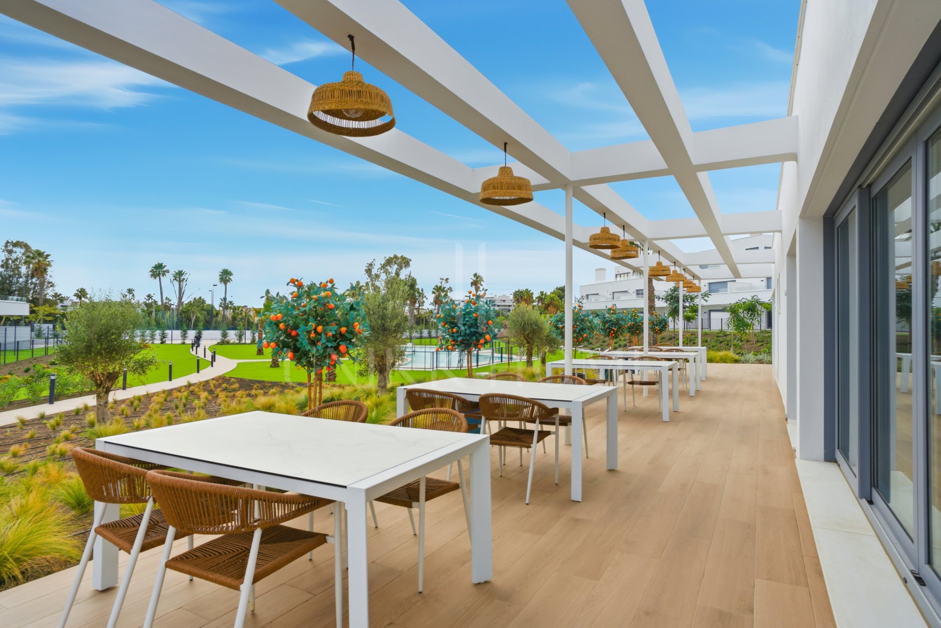 Stylish, southwest facing two bedroom apartment located in the sought-after gated community Acqua Gardens on the New Golden Mile, Estepona