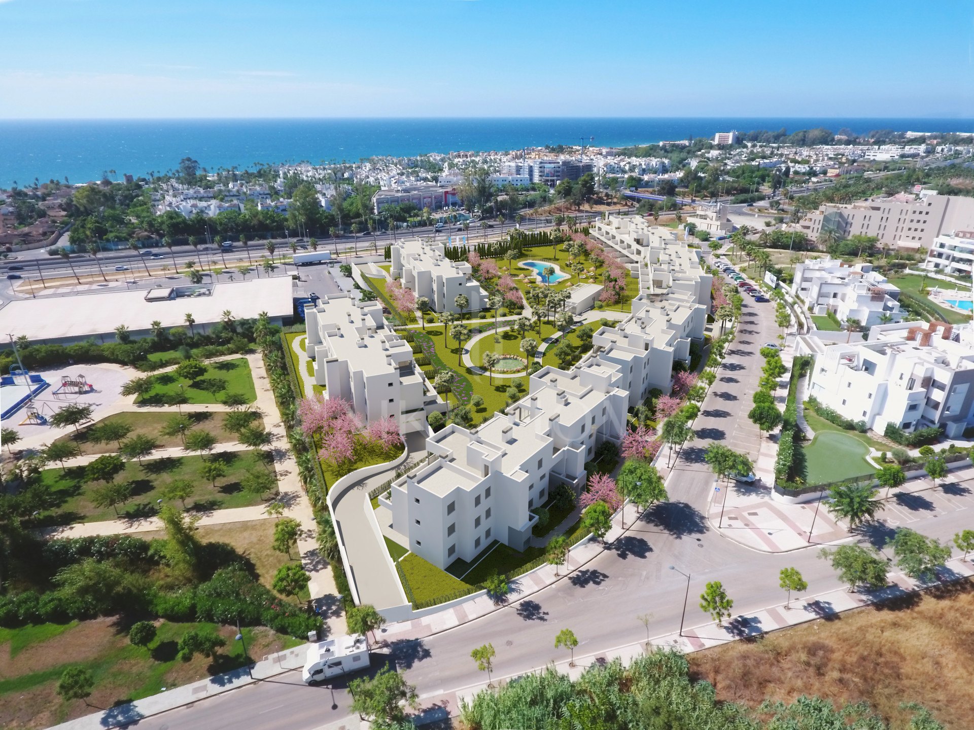 Stylish, southwest facing two bedroom apartment located in the sought-after gated community Acqua Gardens on the New Golden Mile, Estepona